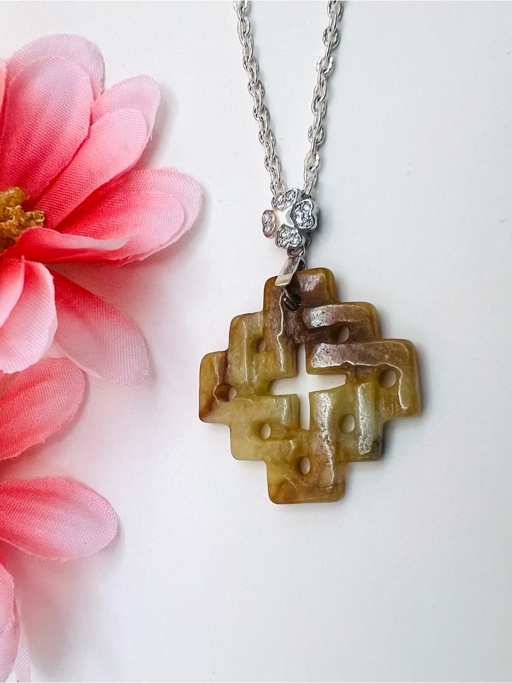Handcrafted Green-Brown Jade Cross Pendant Necklace silver .925 bail